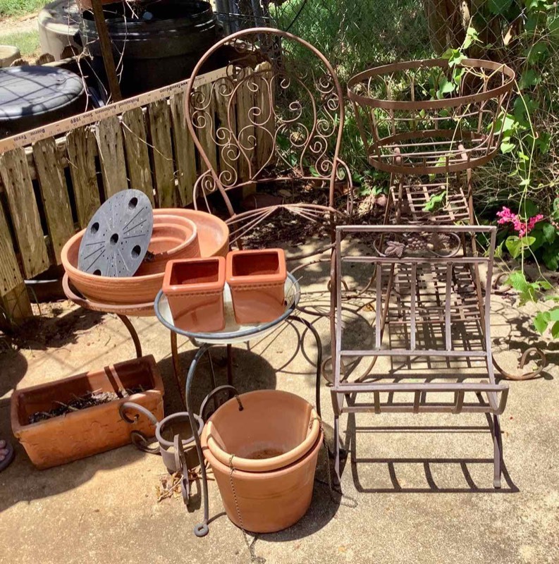 lot 606 image: Plant Stands, Pots and Log Rack (BY)