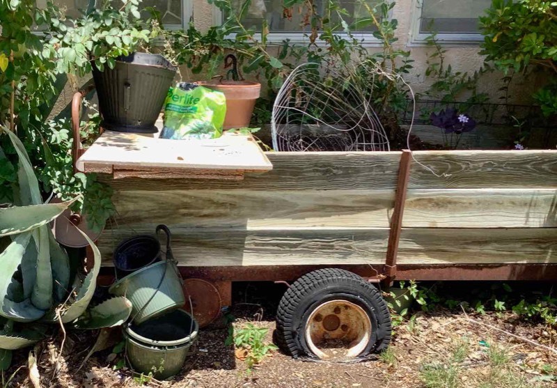lot 608 image: Antique Fertilizer Spreader, Pots, Potting Soil (BY)