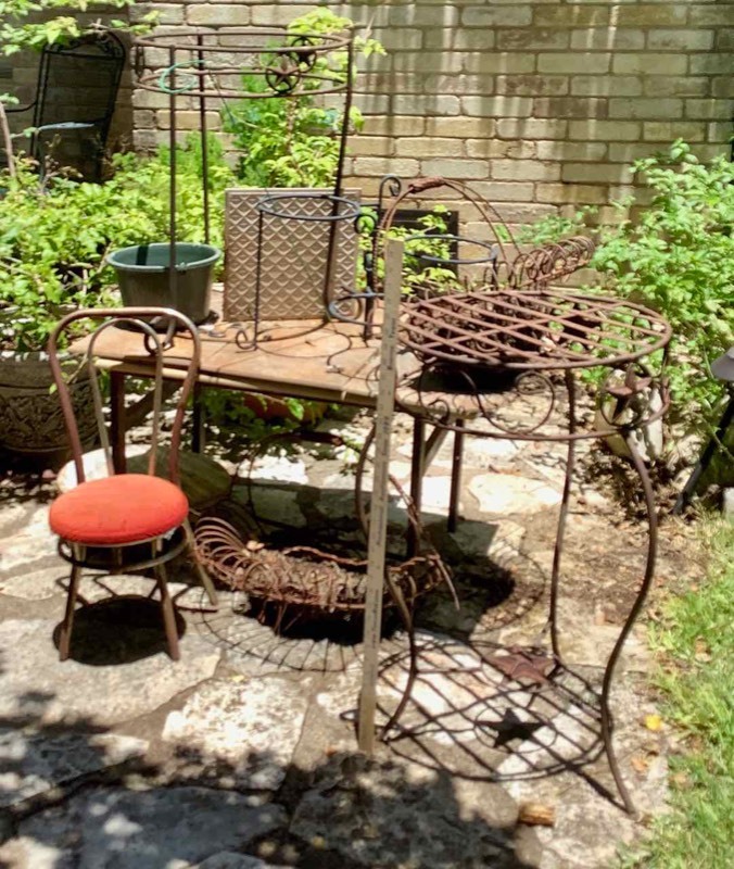 lot 621 image: Assorted Plant Stands, Doll Chair and Patio Table (BY)