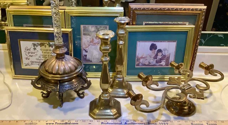 lot 648 image: Brass Candle Stands, Framed Prints (MB)
