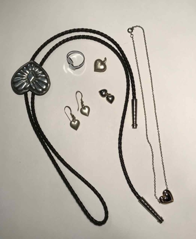 lot 926 image: Jewelry Hearts Bolo Tie, Ring, Charm, Pierced Earrings