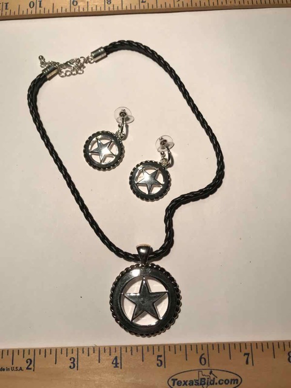 lot 933 image: Jewelry  Five Point Star Pendant on Braided Black Cord, Pierced Earrings