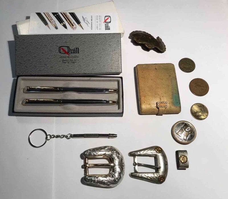 lot 937 image: Pen-Pencil Set, Buckles, Compact, Coins, Tokens,
