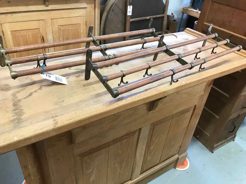 lot 19 image: (2) Antique Rail Car Coat Racks, Brass & Oak
