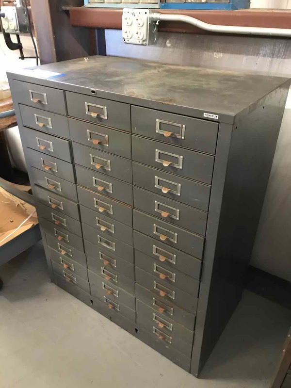 lot 30 image: Vintage Gray Metal Cole 30-Drawer Bin