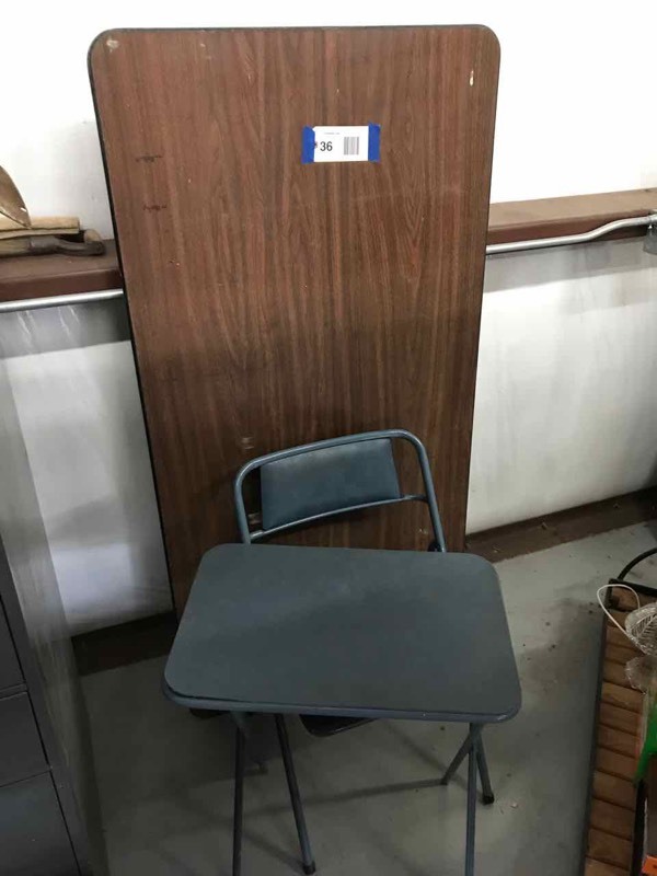 lot 36 image: Laminate Folding Table, Blue Folding Chair & Little Side Table