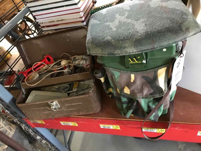 lot 39 image: Shakespeare 5-Section Fiberglass Pole, Fishing Tackle, Herters size 11 waders, woodstream bucket stool