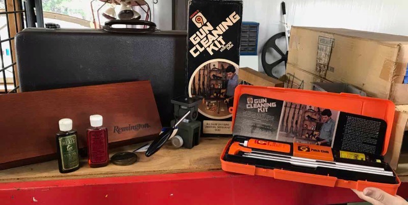 lot 44 image: Remington Gun Cleaning Kit in Wood Box, Brushes, Hoppes #9 Kit, Carry Case, Burris Window Mount.