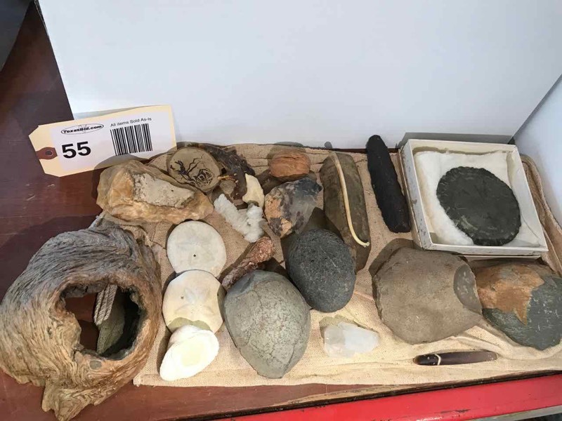 lot 55 image: Interesting RocksCrystals, Tools, Wood Knot, Etc.