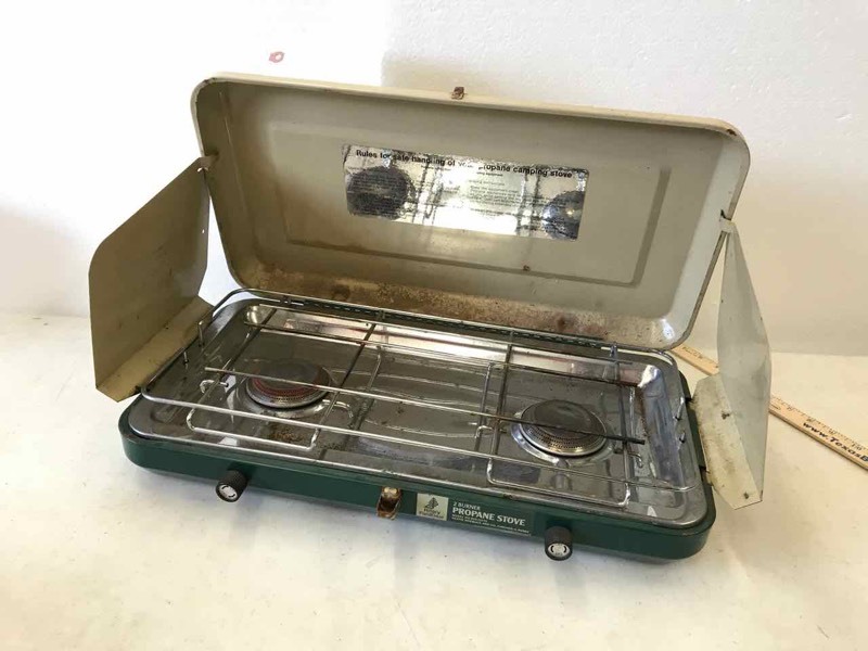lot 69 image: Hillary Field Gear 2-burner Propane Camp Stove (missing pieces)