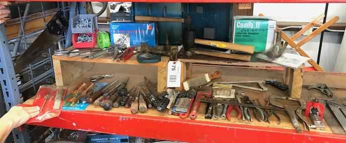 lot 75 image: Asst. Hand Tools Welding Plier, Small Vise, Screw Drivers, Staple Removers, Hammers, Pliers, Etc.