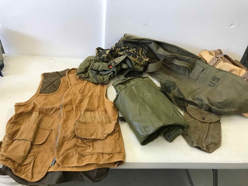 lot 82 image: Military Duffle, Shovel Cover, Hunting Gear, Etc.