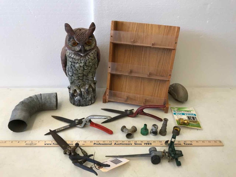 lot 90 image: Garden Owl, Nozzles, Shears, Seed Packet Rack, Etc.
