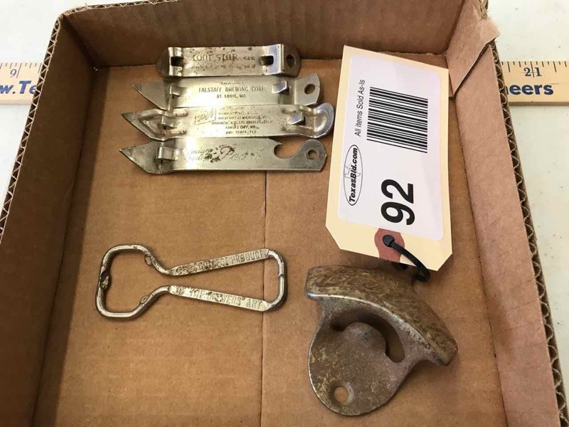 lot 92 image: Old Can & Bottle Openers Coca Cola, Falstaff, Lone Star, Schlitz, Pearl