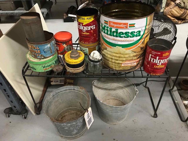 lot 115 image: (2) Galvanized Buckets, Asst. Product Tins