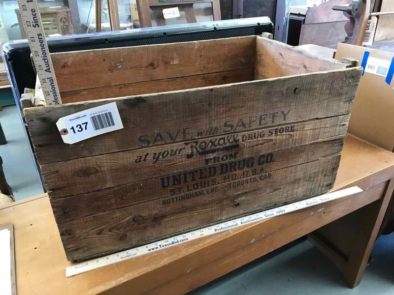 lot 137 image: Primitive Antique Crate Rexall Drug Store