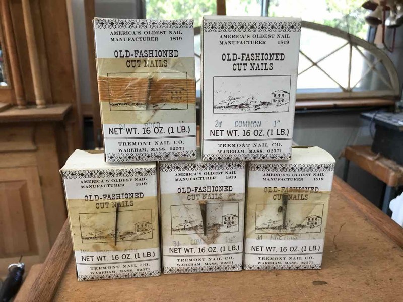 lot 144 image: (5) Tremont Nail Co. Old-Fashioned Cut Nails Headless Brad, (2) 2d, (2)3d