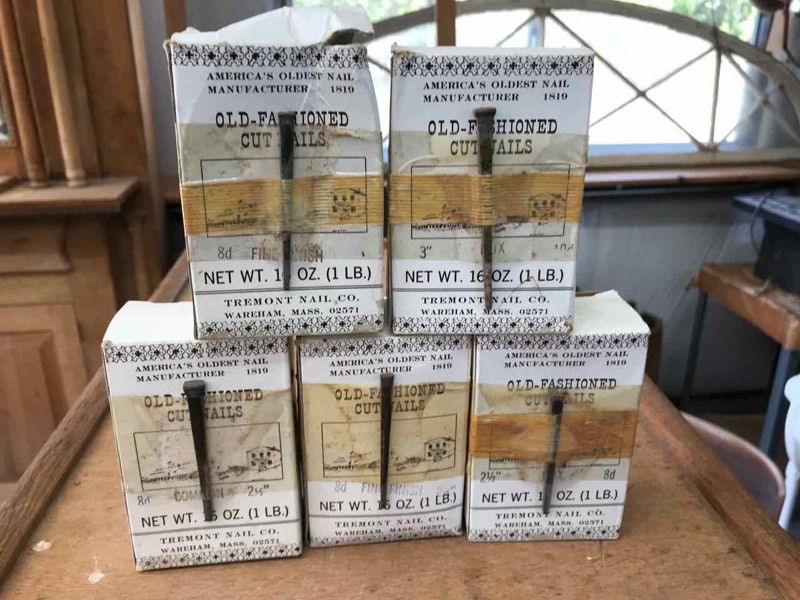 lot 149 image: (5) Tremont Nail Co. Old-Fashioned Cut Nails (4) 8d, (1) 10d