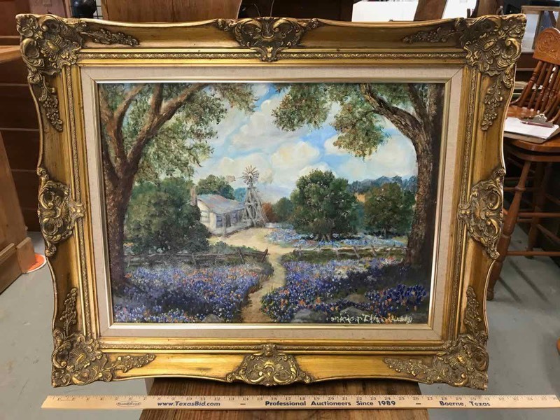 lot 211 image: Original Painting Bluebonnets, Windmill & Farm House