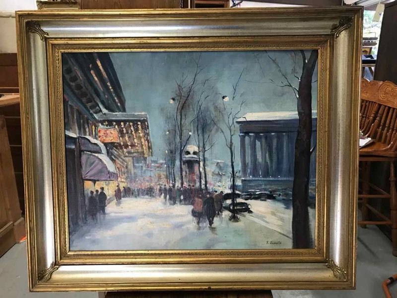 lot 212 image: Original Painting City Street Snow Scene by B. Lunette