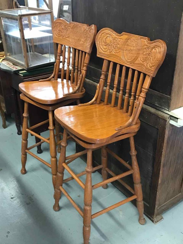 lot 167 image: (2) Oak Pressed Back Swivel Bar Stools (Lion)
