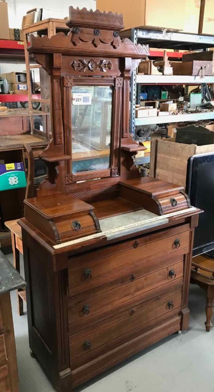 lot 221 image: Antique Walnut Eastlake Dresser with Candle Shelves & Glove Boxes