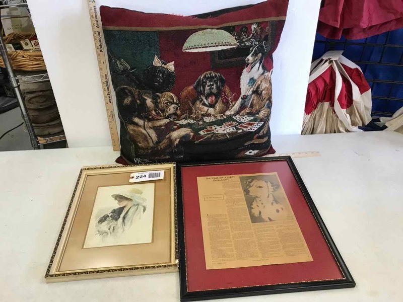 lot 224 image: Dogs Tapestry Pillow, (2) Framed Prints