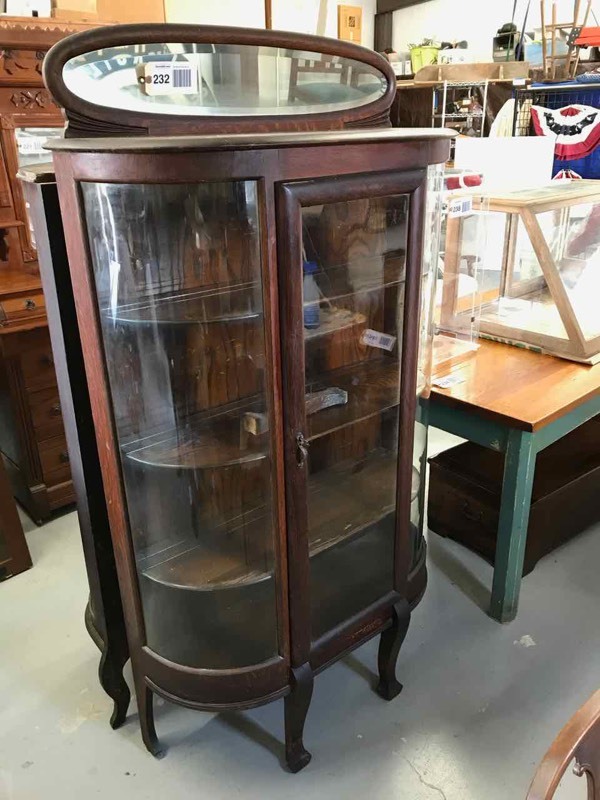 lot 232 image: Antique Bowed Side China Cabinet with Beveled Mirror