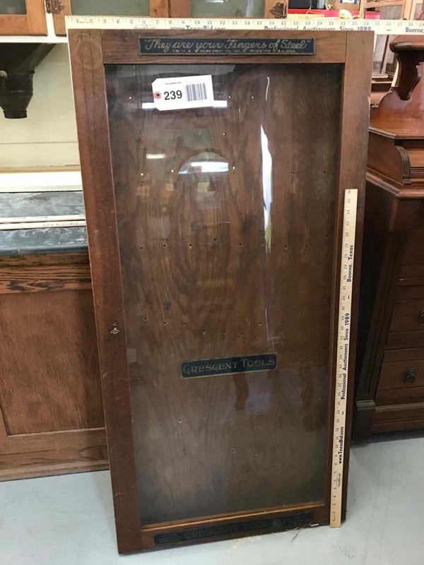 lot 239 image: Antique Oak Display Cabinet Crescent Tools, They Are Your Fingers of Steel