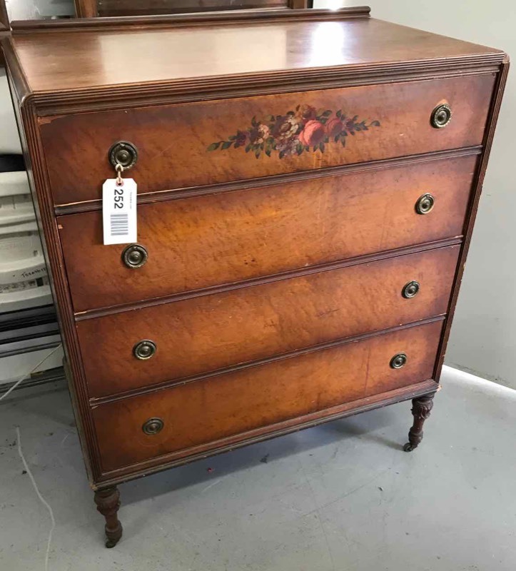 lot 252 image: Antique Berkey & Gay Walnut Chest of Drawers with Painted Floral Center Detail