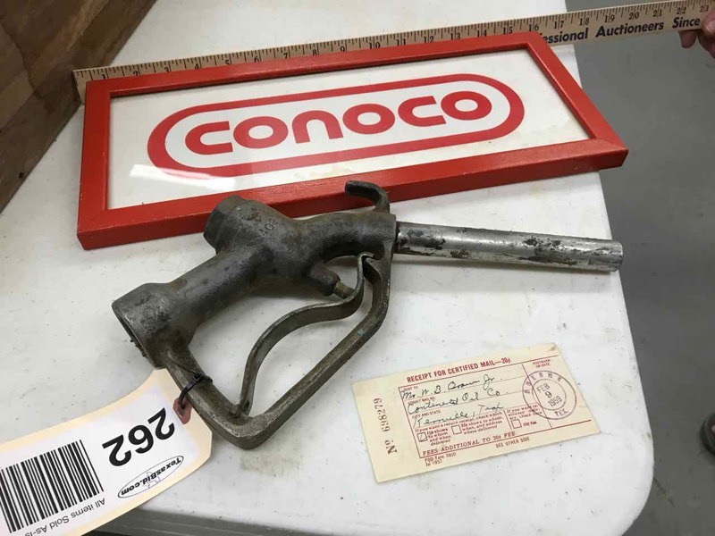 lot 262 image: Framed Conoco Cardboard Sign, Old Receipt, Fuel Nozzle