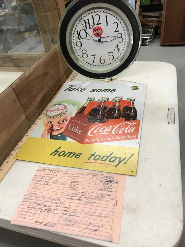 lot 263 image: Coca Cola Tin Sign, Wall Clock, Old Receipt