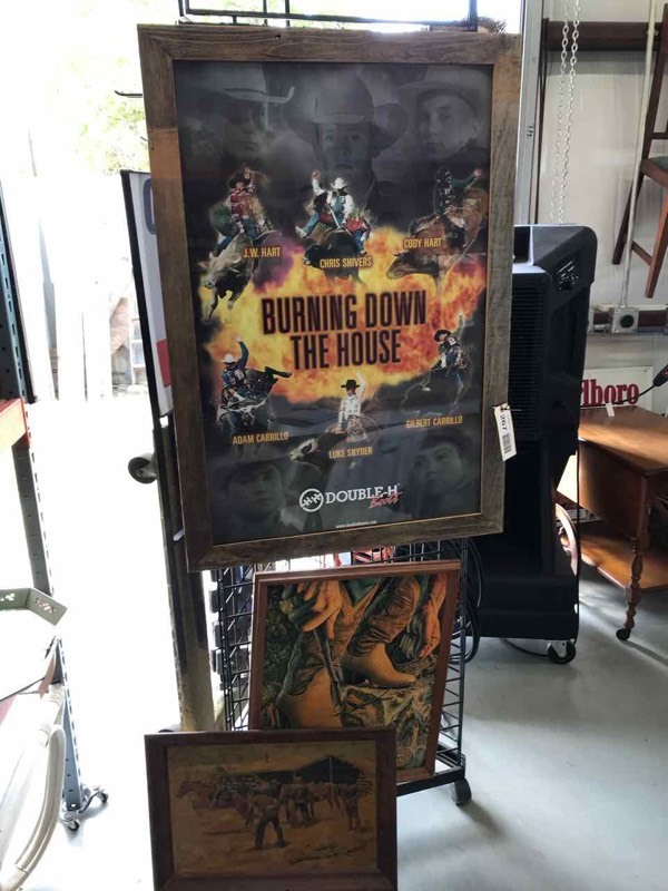 lot 267 image: (3) Framed Pictures Poster Burning Down The House, Double-H Bootsm Nocona Boots, Remington Horse