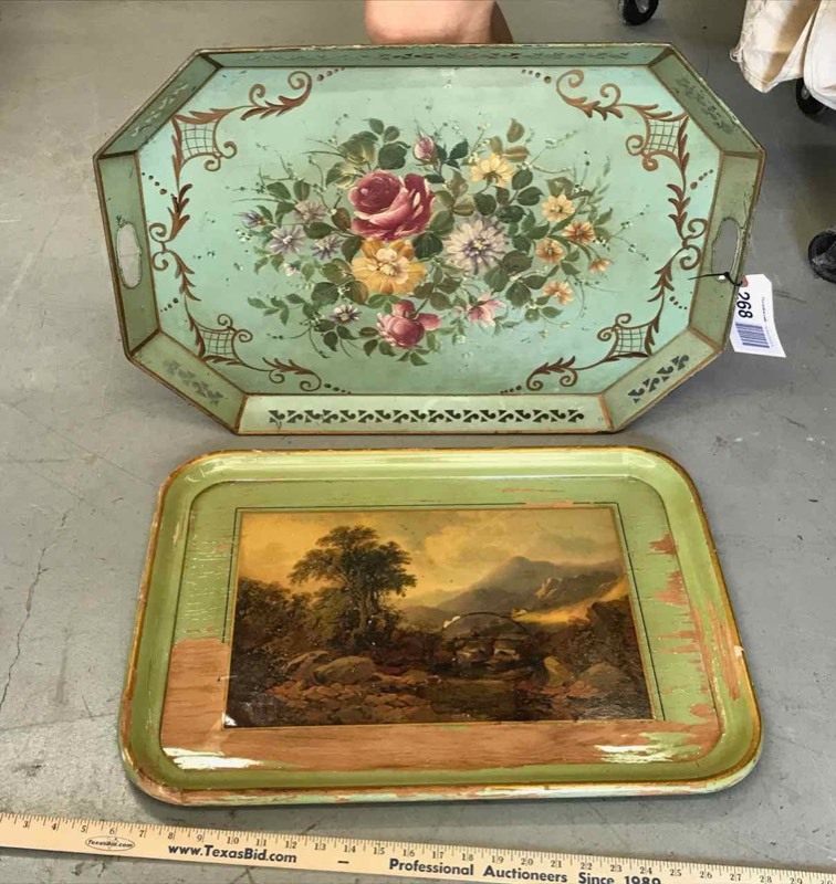 lot 268 image: Vintage Green Toleware Tray & Painted Wood Tray