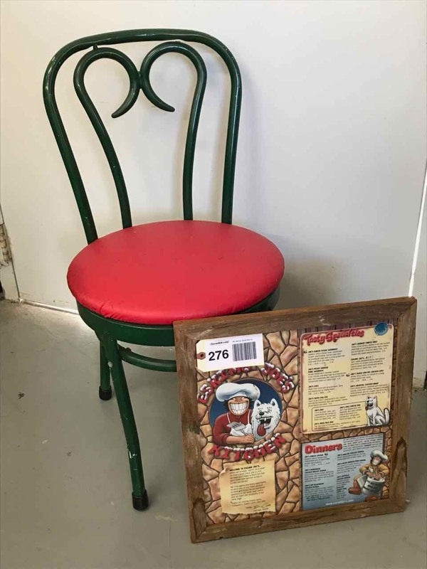lot 276 image: Green & Red Chair, Eskimo Joes Framed Menu