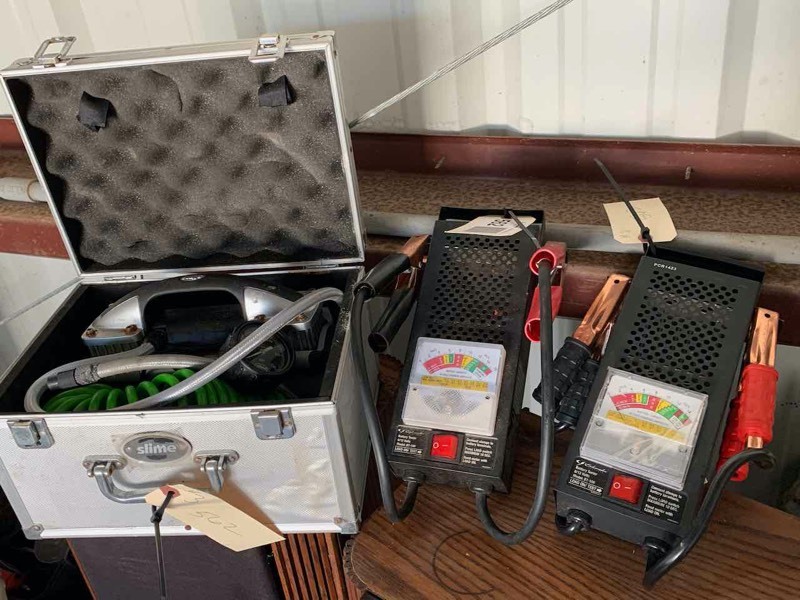 lot 562 image: Asset Forfeiture  (2) Schumacher Battery Testers Model BT-100 & Slime 12V Air Compressor