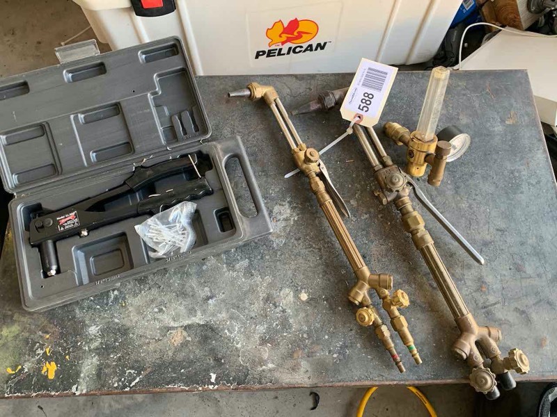 lot 588 image: Asset Forfeiture  Cutting Torches Victor & Unknown, includes rivet gun and regulator