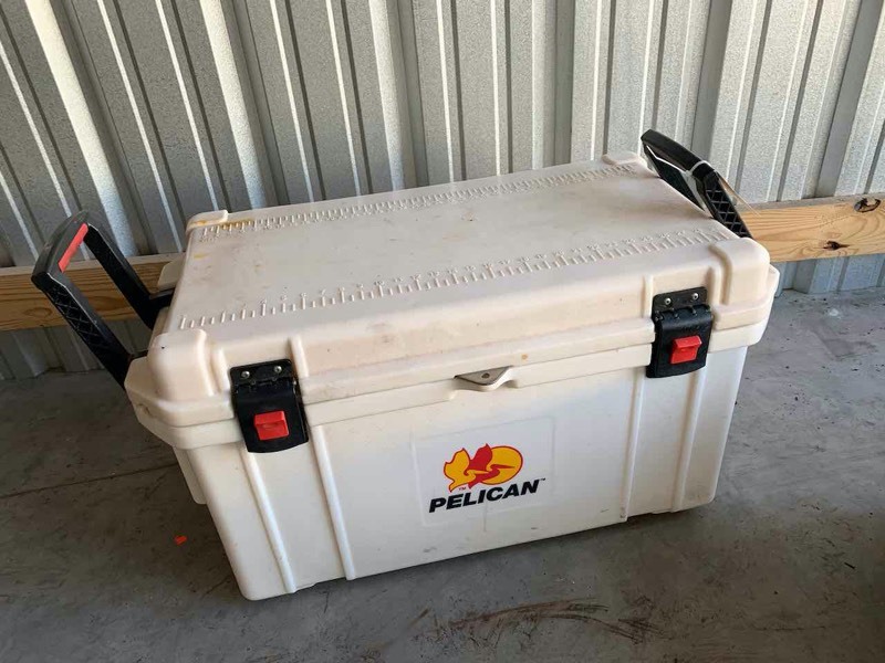 lot 593 image: Asset Forfeiture  Pelican 65 Quart Cooler (broken latch)