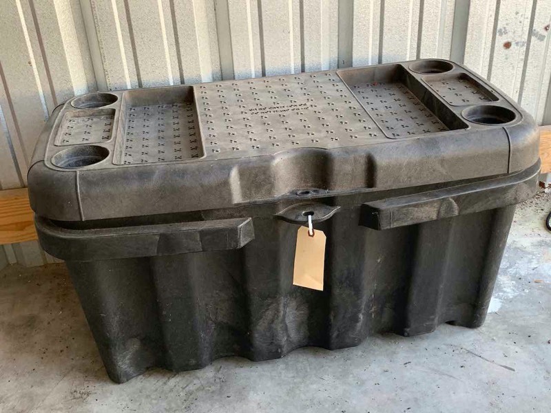 lot 599 image: Asset Forfeiture  Poly Black Storage Bin with Jumper Cables, B&D Flex Vacuum