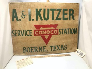 lot 501 image: Antique Sign  A&I Kutzer Service Station Conoco Boerne, Texas painted by Ray Shelton and an Original Grand Opening Post Card for Kutzer Station