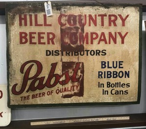 lot 504 image: Breweriana Antique Tin Sign Hill Country Beer Company Distributors Pabst