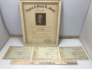 lot 505 image: Antique (3) Certificates of War Necessity 1942 and Framed Certificate Busch to IA Kutzer