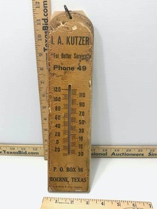 lot 506 image: Antique I.A. Kutzer Thermometer, Boerne, Texas