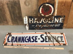 lot 509 image: (2) Porcelain Enamel Signs Havoline & Crankcase Service (bullet holes, chips)