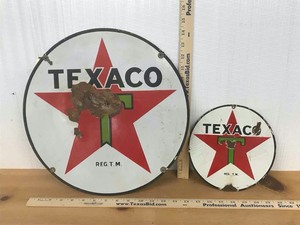 lot 513 image: (2) Antique Porcelain Enamel  Texaco Signs (rough shape)
