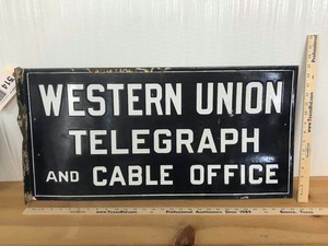 lot 514 image: (1) Antique Porcelain Enamel Sign Western Union Telegraph and Cable Office