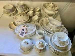 lot 532 image: Antique Dish Set  Pink Rose China brought from Germany by Lucie Schwethelm Kutzer, apprx. Year 1852