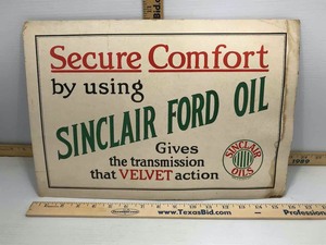 lot 534 image: Vintage Cardboard Sign Sinclair Ford Oil