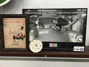 lot 550 image: Champion Spark Plug Framed Vintage Advertising, Vintage Ceramic Ashtray, Framed Poster