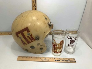 lot 552 image: Texas A&M (1) Old Helmet, (2) Drinking Glasses